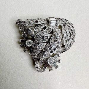 Joseph Mazer Jomaz Rhinestone Floral Dress Clip Rhodium Plated Antique Signed
